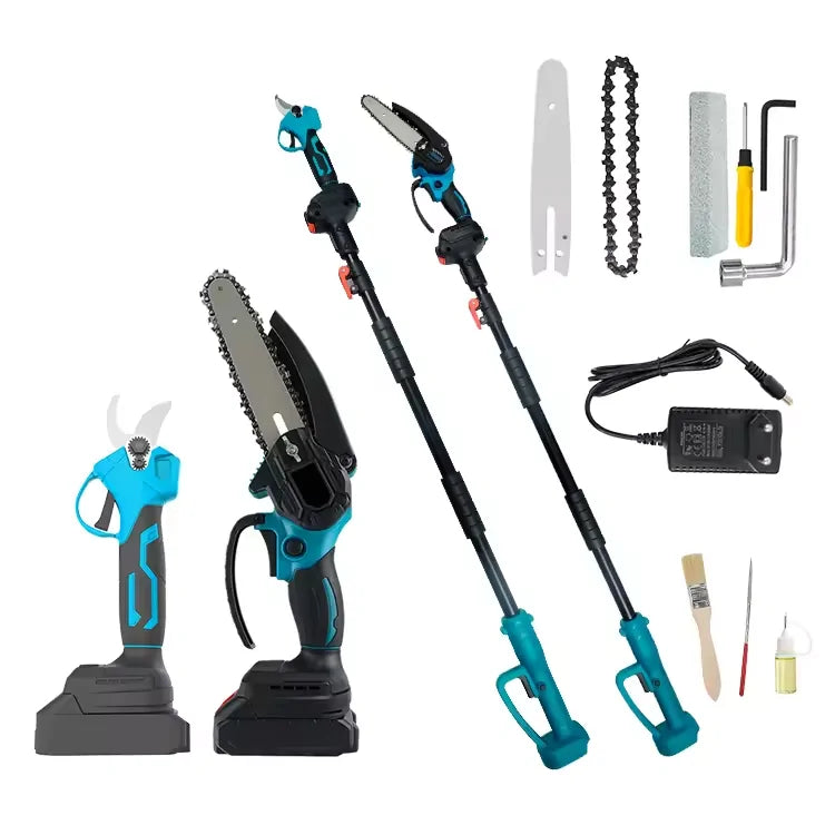 Set foarfeca gradina si mini drujba profesional , 2 acumulatori 48V, cu brat 2.13m telescopic