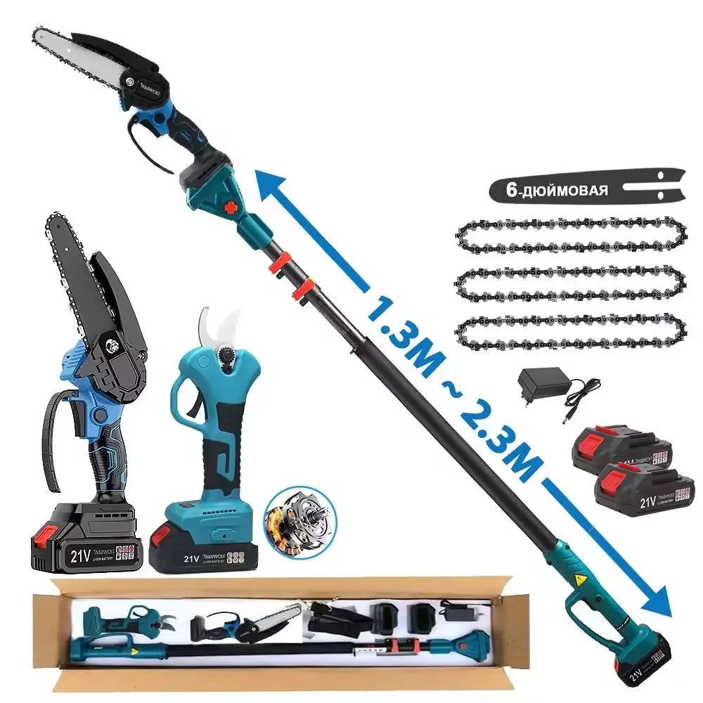 Set foarfeca gradina si mini drujba profesional , 2 acumulatori 48V, cu brat 2.13m telescopic
