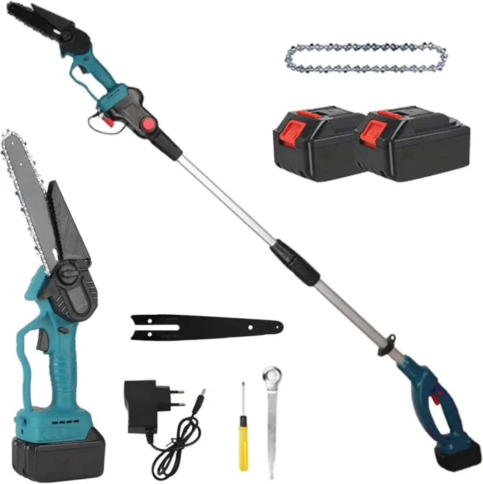 Set foarfeca gradina si mini drujba profesional , 2 acumulatori 48V, cu brat 2.13m telescopic