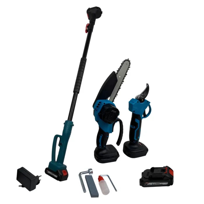 Set foarfeca gradina si mini drujba profesional , 2 acumulatori 48V, cu brat 2.13m telescopic