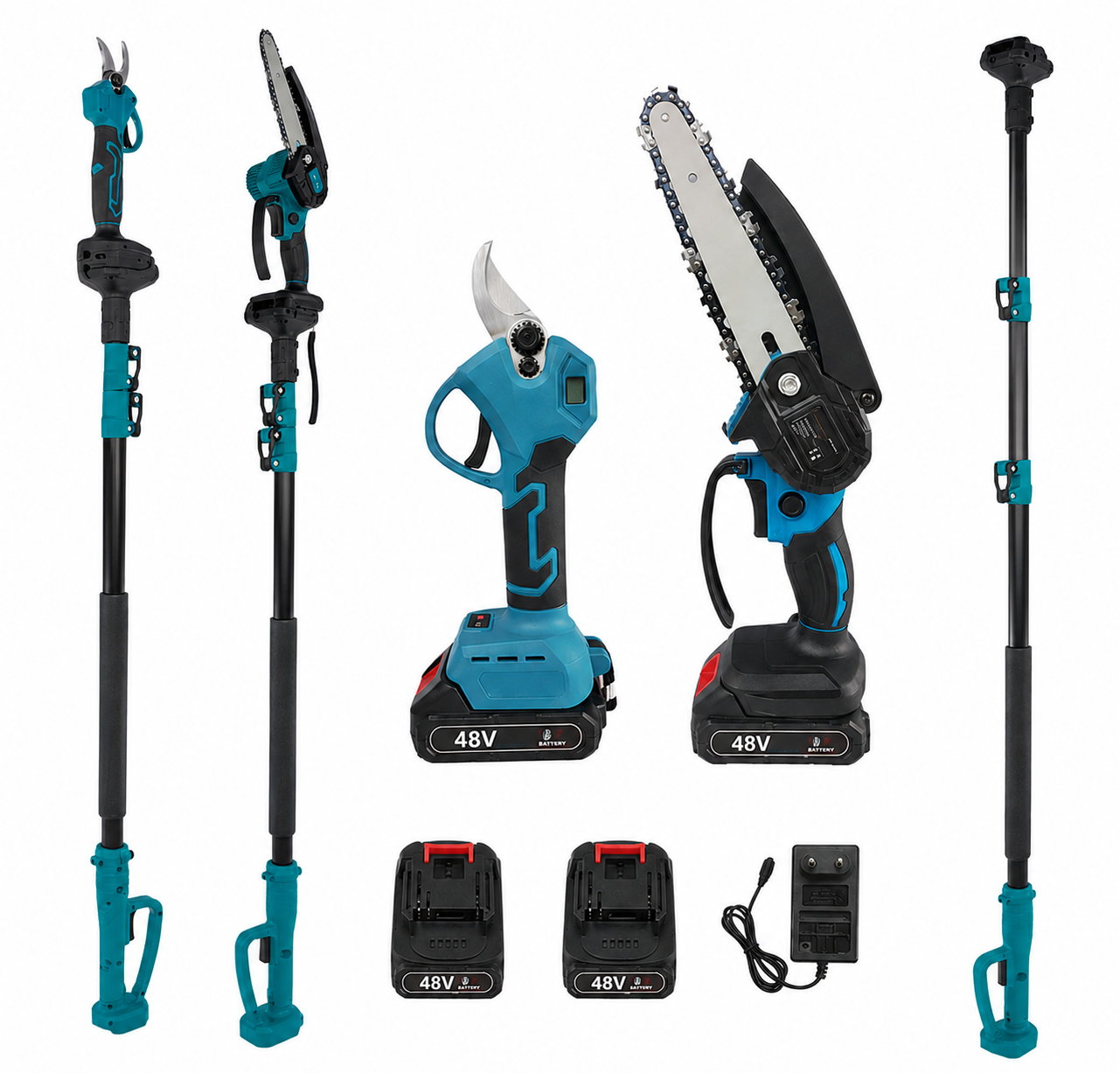 Set foarfeca gradina si mini drujba profesional , 2 acumulatori 48V, cu brat 2.13m telescopic