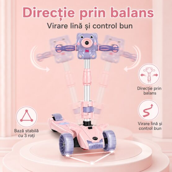 Trotineta copii 3 roți cu lumini, muzică și baloane de săpun cu scăunel, reglabilă și pliabilă