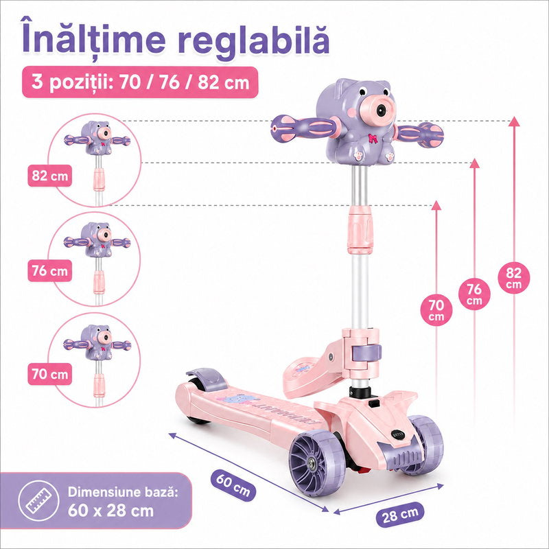 Trotineta copii 3 roți cu lumini, muzică și baloane de săpun cu scăunel, reglabilă și pliabilă