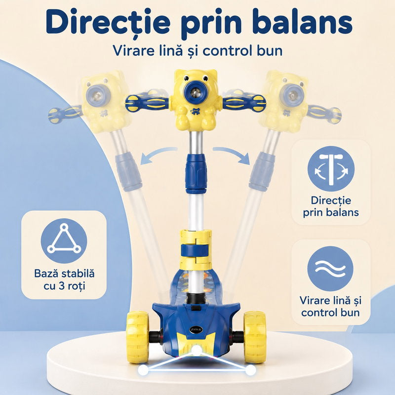 Trotineta copii 3 roți cu lumini, muzică și baloane de săpun cu scăunel, reglabilă și pliabilă