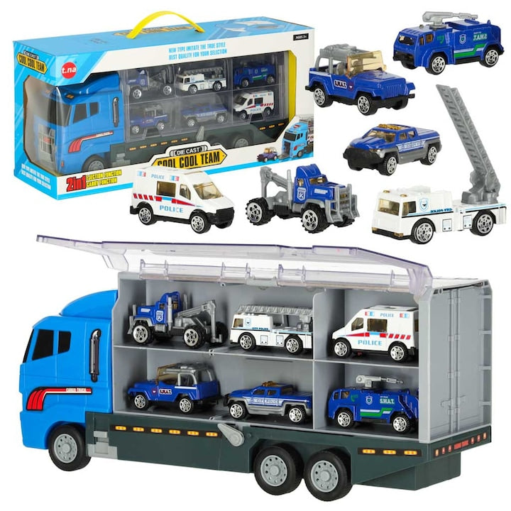 Laweta Tir Artemis, set 6 masinute, camion albastru, dimensiuni 36x15x10cm