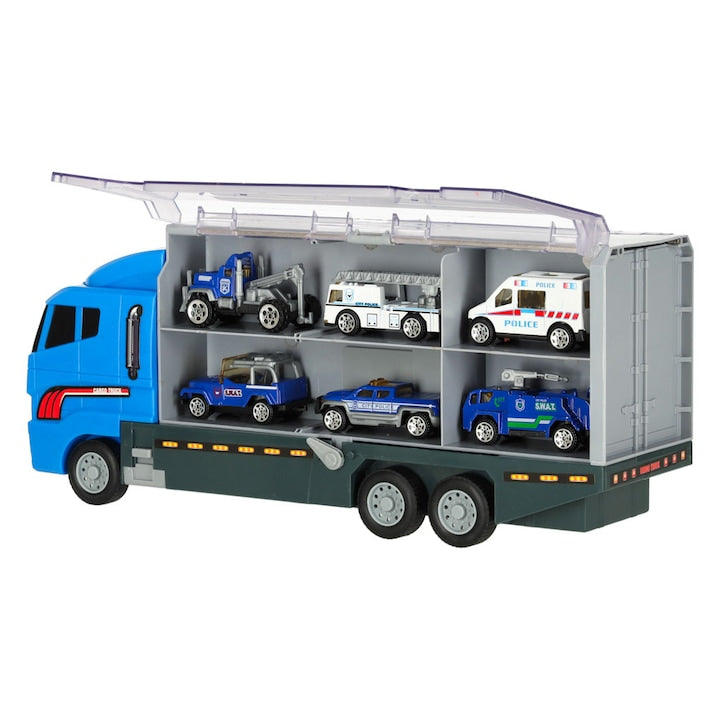 Laweta Tir Artemis, set 6 masinute, camion albastru, dimensiuni 36x15x10cm