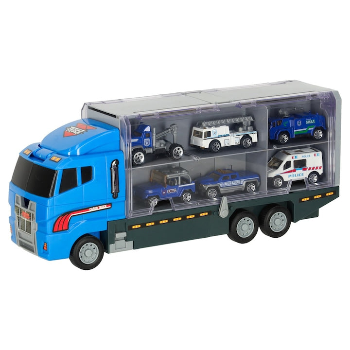 Laweta Tir Artemis, set 6 masinute, camion albastru, dimensiuni 36x15x10cm