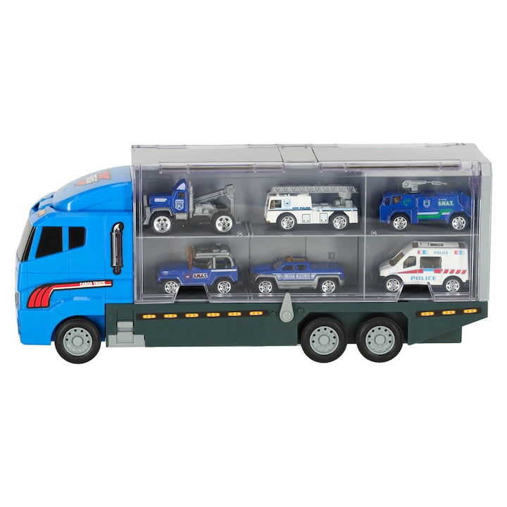 Laweta Tir Artemis, set 6 masinute, camion albastru, dimensiuni 36x15x10cm