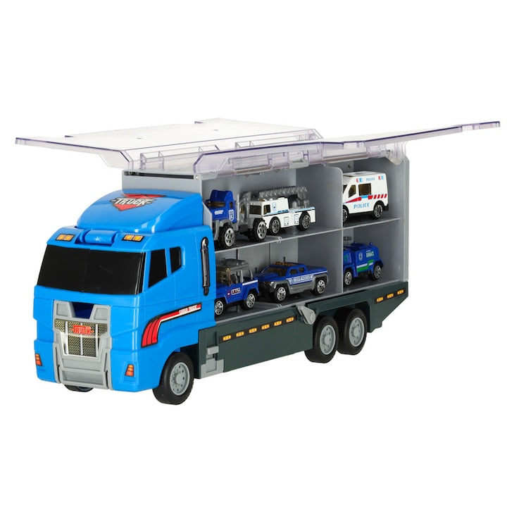Laweta Tir Artemis, set 6 masinute, camion albastru, dimensiuni 36x15x10cm