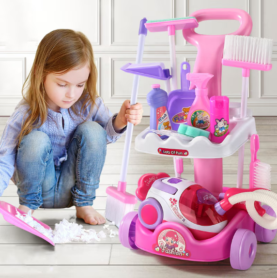 Set de Joaca Interactiv si Educativ, pentru Copii Banc de Curatenie cu Aspirator Functional, Mop, Faras, Perie, Matura, si Accesorii de Curatat, Roz