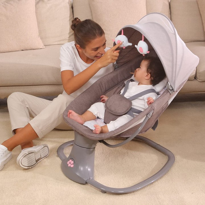 Balansoar copii MASTELA, Balansoar copii 3 in 1, Electric, cu Plasa Tantari, Perna Detasabila, Jucarii, USB, Bluetooth, Telecomanda, 0-3 ani