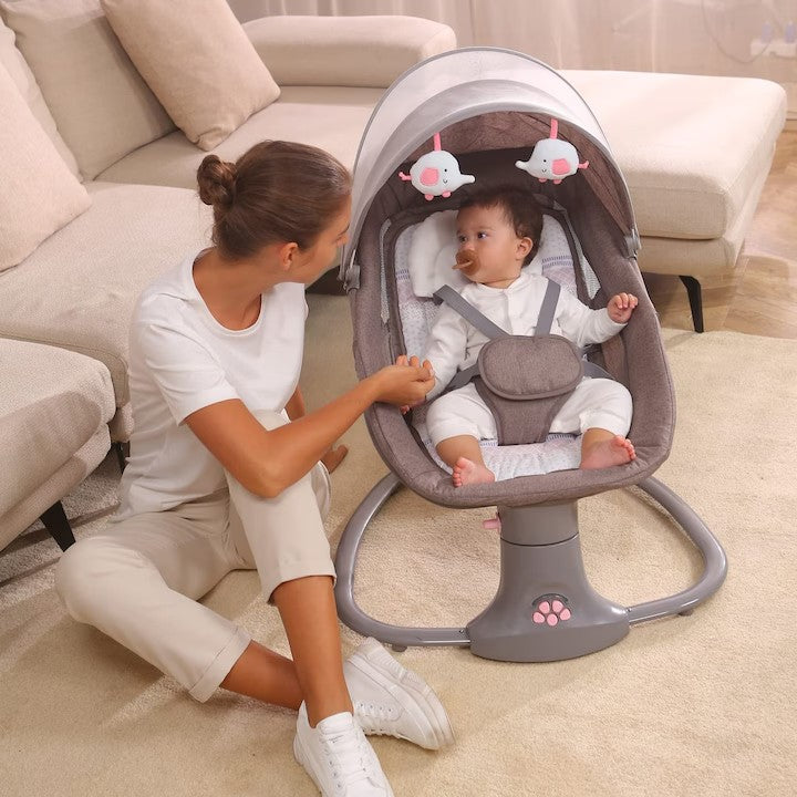 Balansoar copii MASTELA, Balansoar copii 3 in 1, Electric, cu Plasa Tantari, Perna Detasabila, Jucarii, USB, Bluetooth, Telecomanda, 0-3 ani