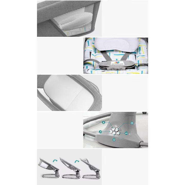 Balansoar copii MASTELA, Balansoar copii 3 in 1, Electric, cu Plasa Tantari, Perna Detasabila, Jucarii, USB, Bluetooth, Telecomanda, 0-3 ani