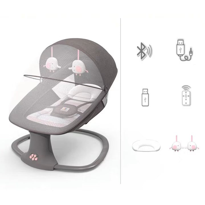 Balansoar copii MASTELA, Balansoar copii 3 in 1, Electric, cu Plasa Tantari, Perna Detasabila, Jucarii, USB, Bluetooth, Telecomanda, 0-3 ani