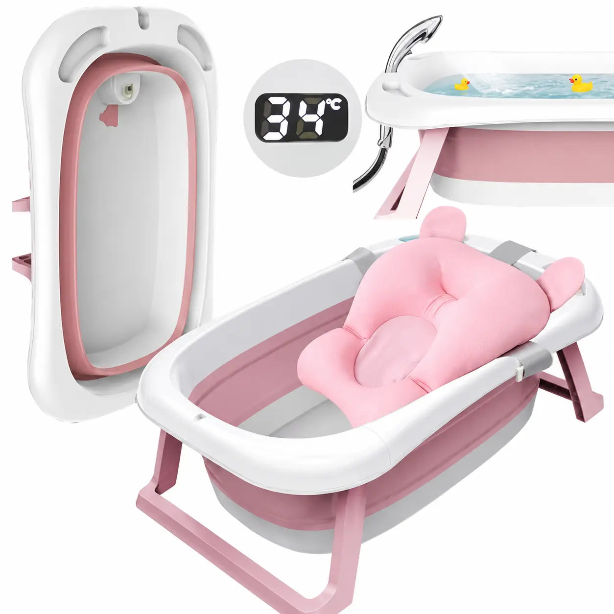 Cadita pliabila cu termometru incorporat si perna, Dimensiuni 83 x 50 x 20 cm, Material PP/TPE, Pliere rapida, Usor de utilizat, Picioare antiderapante, Varsta 0-3 ani, Structura Solida