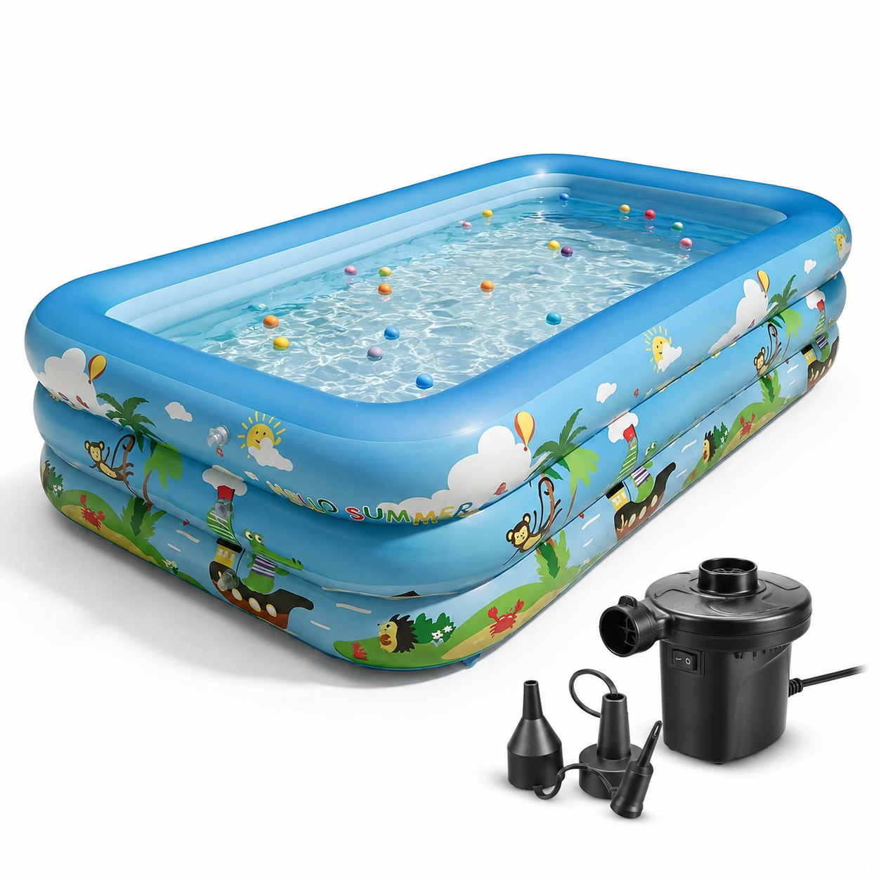 Piscină Gonflabilă Familială cu pompă de umflat inclus 180×145×68 cm, 3 inele, PVC Rezistent