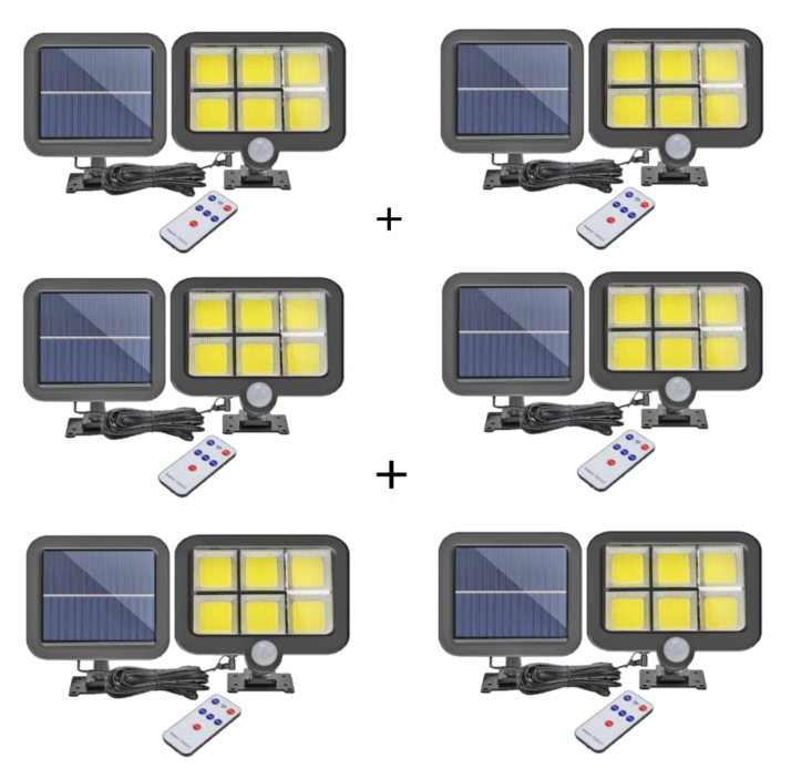 SET 6 LAMPI CU PANOU SOLAR, 6 COB , PUTERE 250 W, CU SENZOR DE MISCARE, SUPORT SI TELECOMANDA