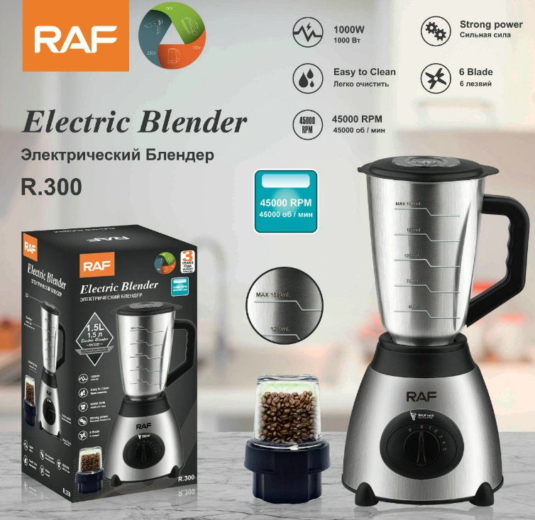 Blender Electric 2 in 1 RAF 300 cu Vas din Otel Inoxidabil si Rasnita pentru Masala, Capacitate 1.5L, 1000W