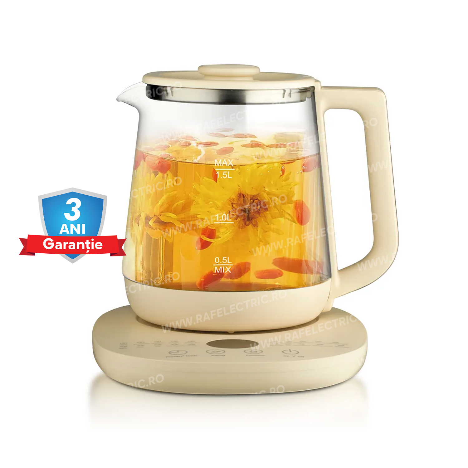 Ceainic Electric RAF 7937 din Sticla de Borosilicat, Capacitate 1.5L, Fara Fir, cu Control al Temperaturii