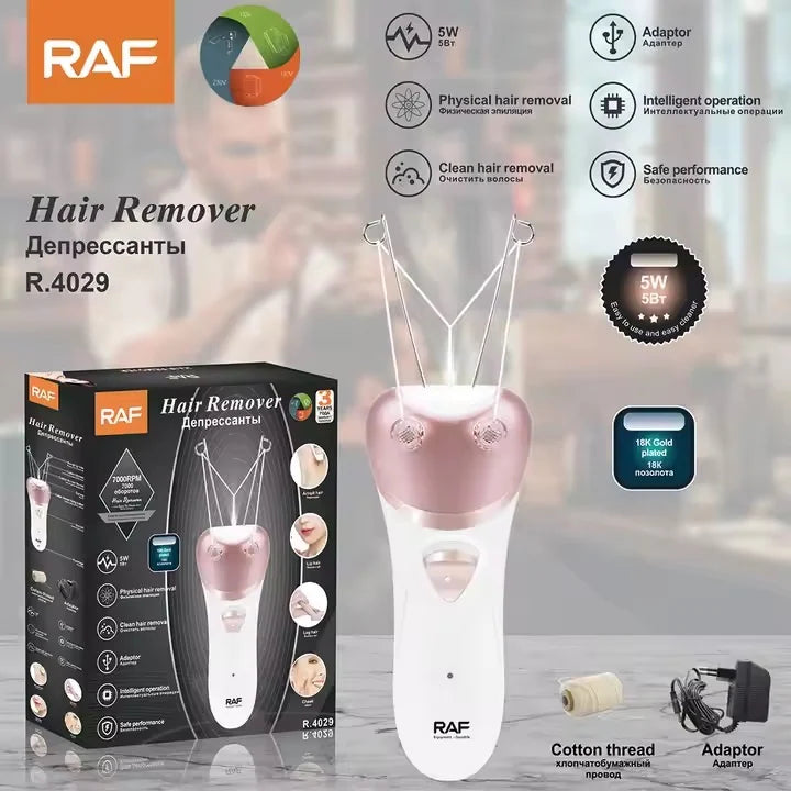 Epilator electric facial reincarcabil, cu fir de ata, RAF R4029, 5W, acumulator 1200mAh, 6x21cm, alb-roz