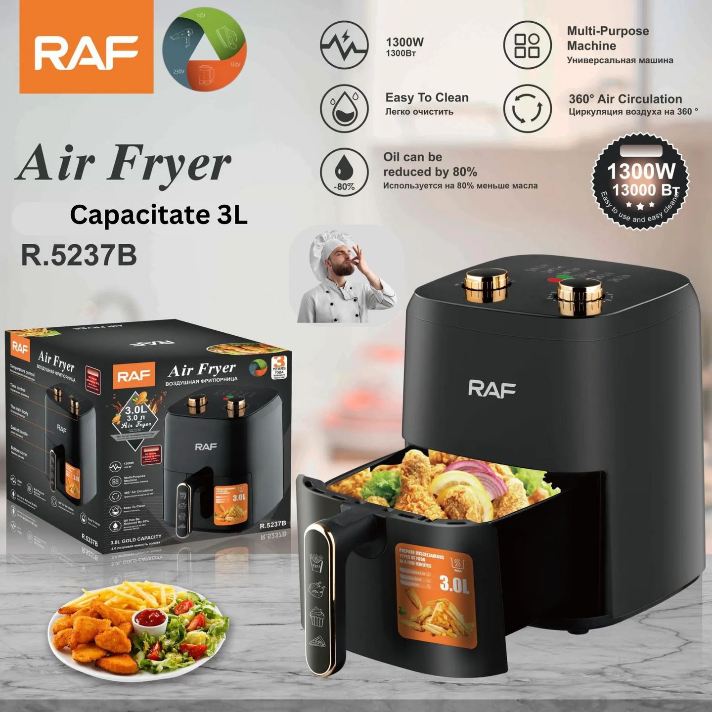 Friteuza Air Fryer RAF R5362 cu aer cald, fără ulei – Capacitate 3L, Control Digital, 1300W