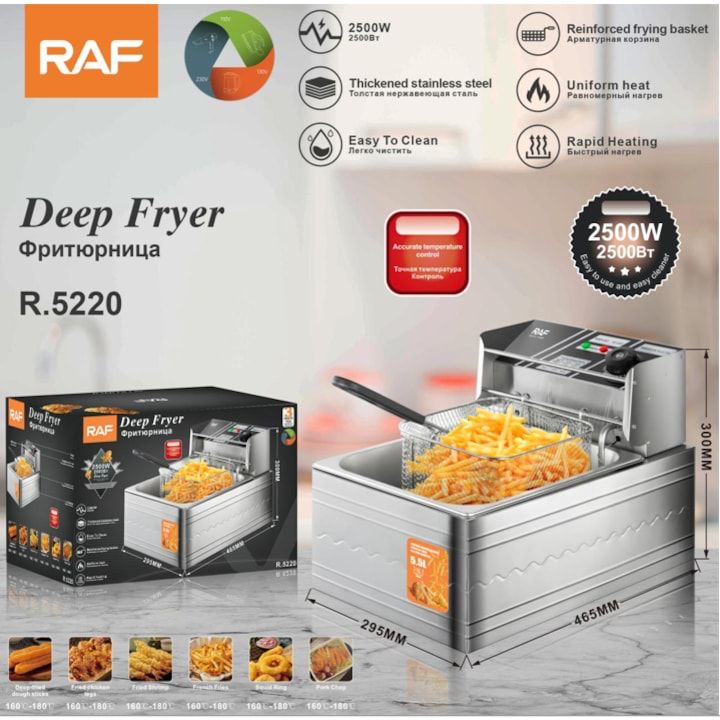 Friteuza Electrica Comerciala RAF 2500W , R5220 , un rezervor, usor de curatat, cos auto-strecurabil, blat din otel inoxidabil, capac pentru prevenirea stropirii, capacitate 5L, gri