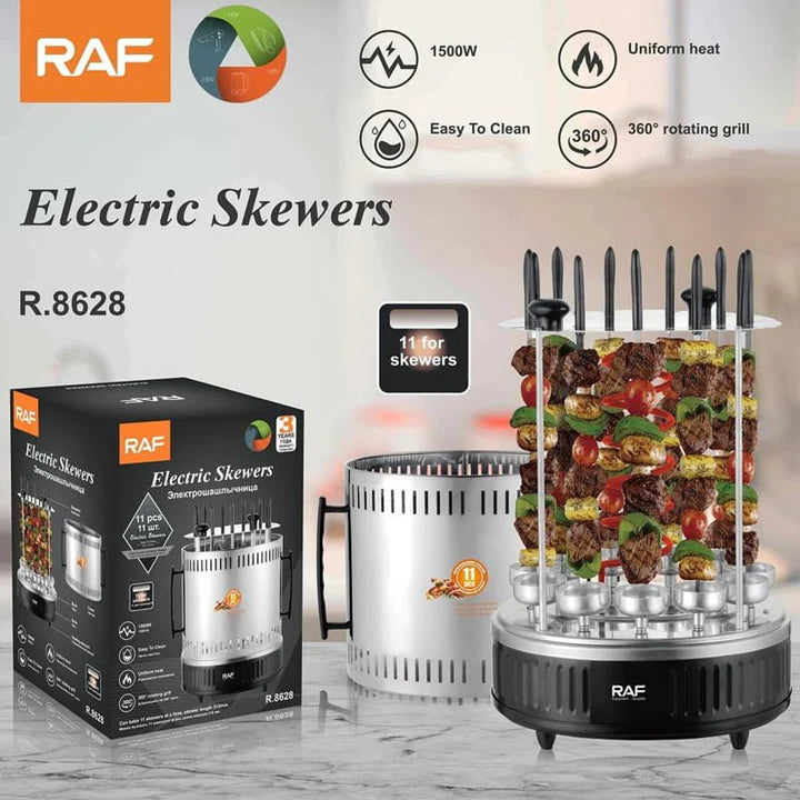 Grătar Electric Vertical RAF R.8628 – 1500W, 11 Frigărui Rotative, Gătit Rapid și Ușor