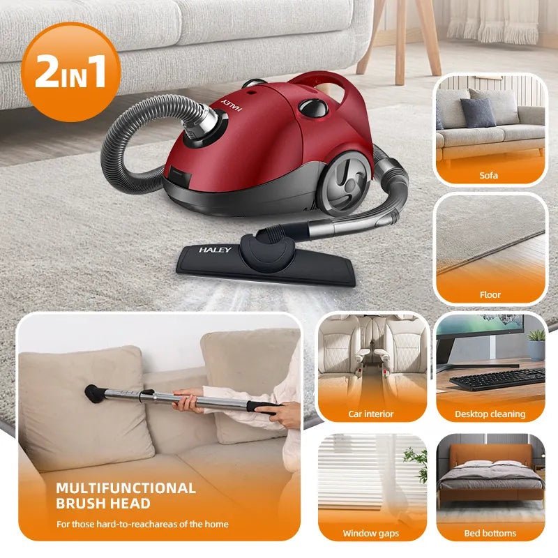 Aspirator cu Sac HALEY HY-906, 2800W, Putere Aspirare 500W, Sistem Filtrare Multiplă, Capacitate Sac 2.0L, Roșu