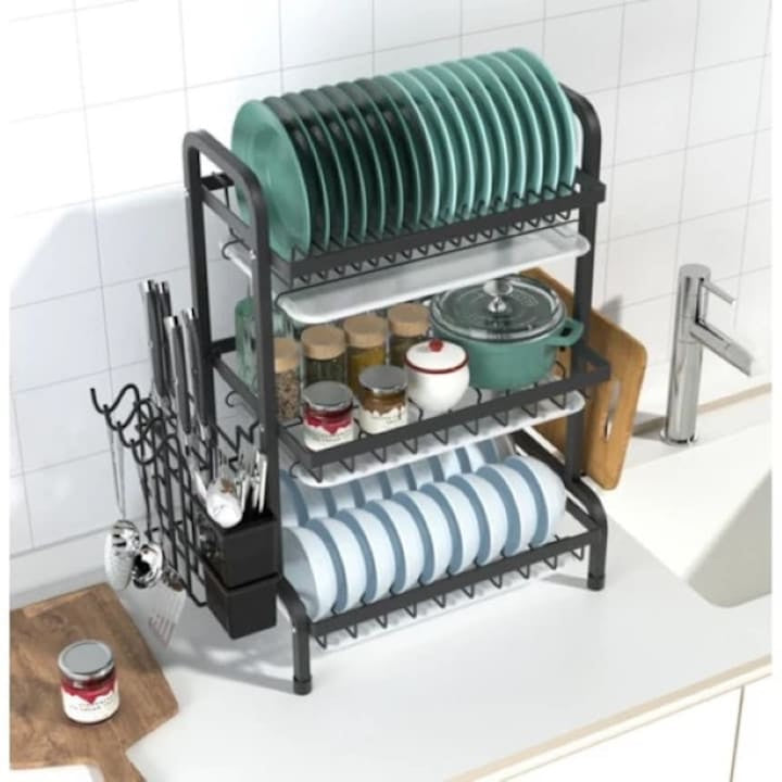 Suport de vase metalic supraetajat, 3 niveluri, Negru