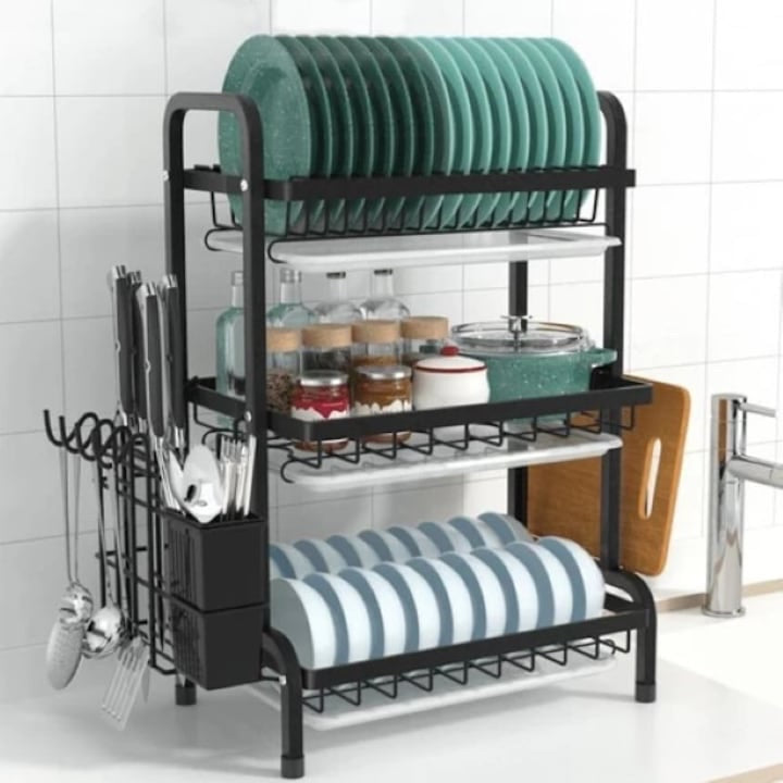 Suport de vase metalic supraetajat, 3 niveluri, Negru