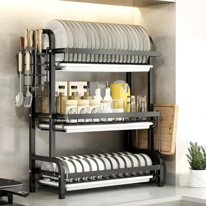 Suport de vase metalic supraetajat, 3 niveluri, Negru