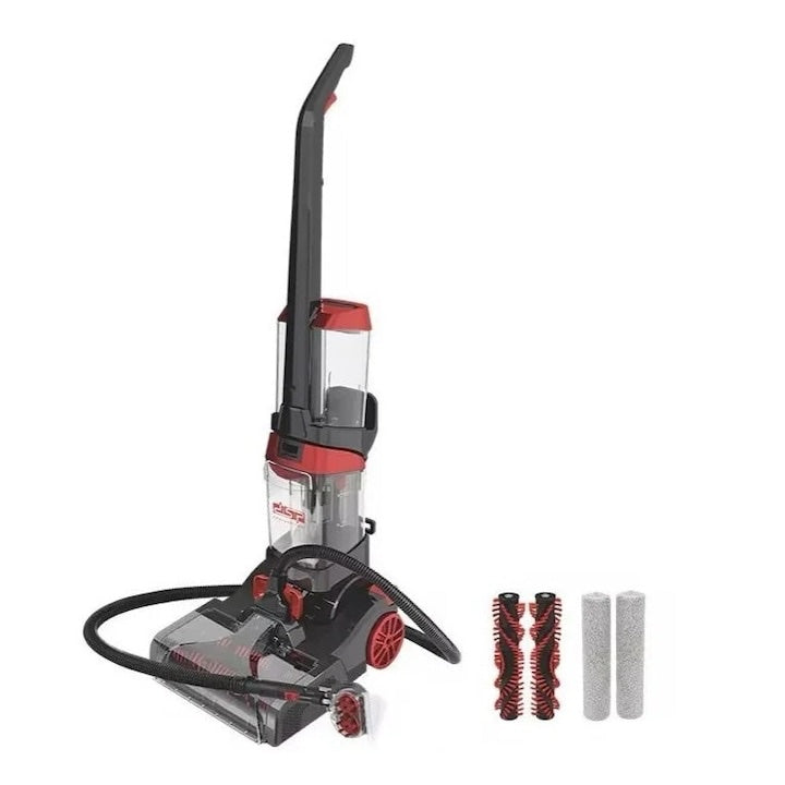 Aspirator fara sac 3 in 1, Hoffmans, mana/vertical, spala podelele, 1200W, 2 recipiente, negru-rosu