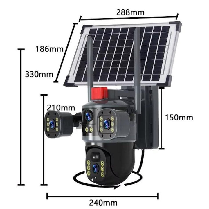 Cameră solară 4k, conexiune 4G , 12 MP Ultra HD , 4 lentile, Zoom 10X, vedere nocturnă color, Panou 7.5W