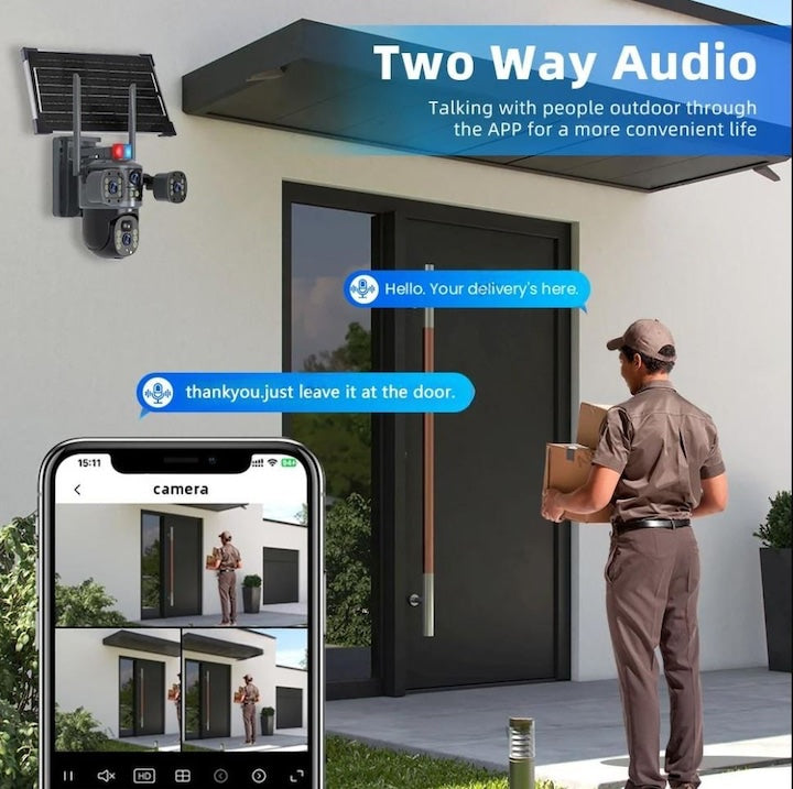 Cameră solară 4k, conexiune 4G , 12 MP Ultra HD , 4 lentile, Zoom 10X, vedere nocturnă color, Panou 7.5W