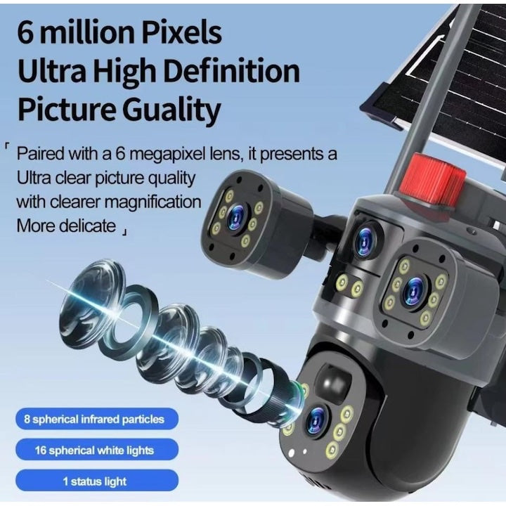 Cameră solară 4k, conexiune 4G , 12 MP Ultra HD , 4 lentile, Zoom 10X, vedere nocturnă color, Panou 7.5W