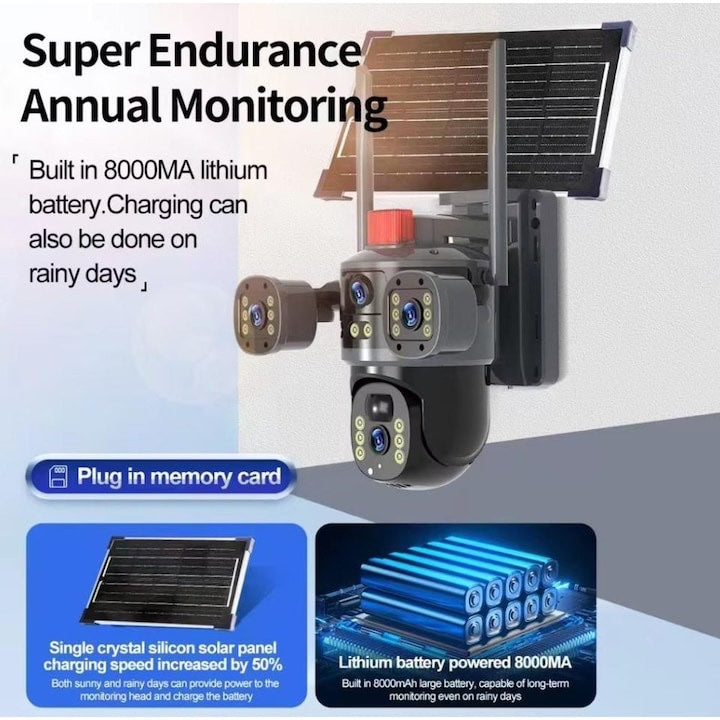 Cameră solară 4k, conexiune 4G , 12 MP Ultra HD , 4 lentile, Zoom 10X, vedere nocturnă color, Panou 7.5W