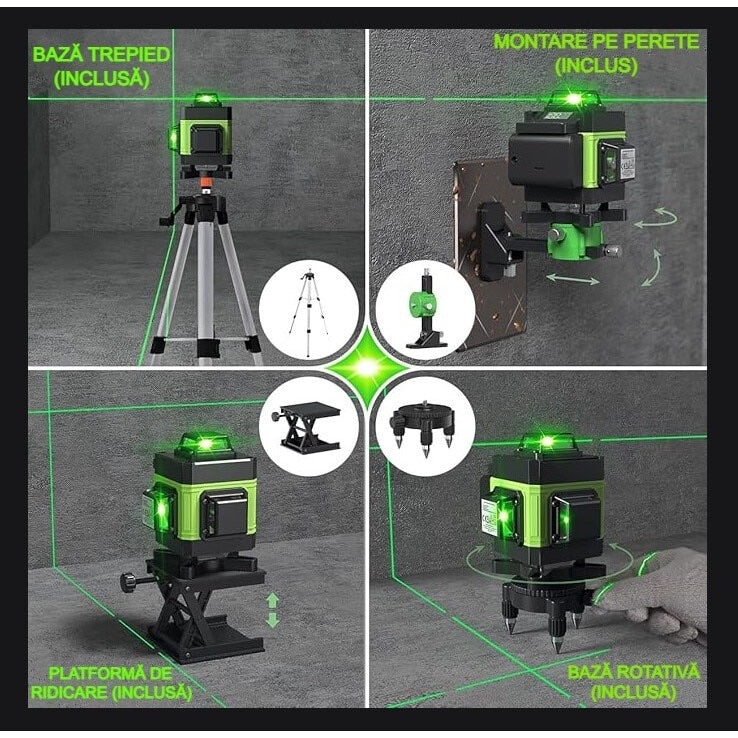 Nivela Laser 4D cu 16 Linii, Autonivelare, 2 Acumulatori, Lumina Verde, Trepied 150 cm, Telecomandă, Platformă Ridicare, Profesională
