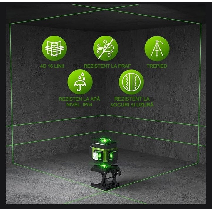 Nivela Laser 4D cu 16 Linii, Autonivelare, 2 Acumulatori, Lumina Verde, Trepied 150 cm, Telecomandă, Platformă Ridicare, Profesională