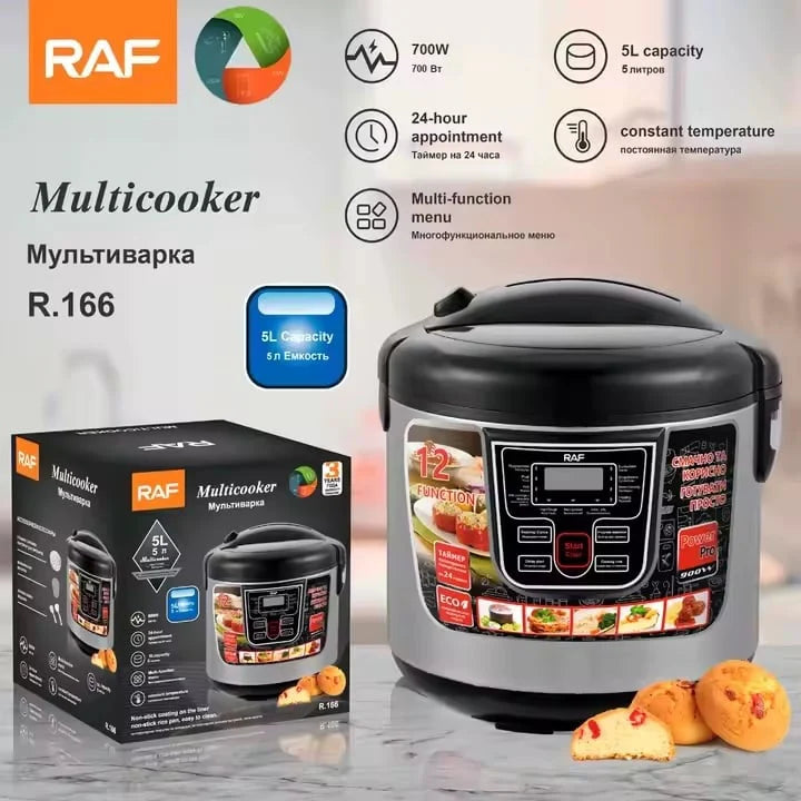 Aparat multicooker pentru gatit, RAF R166B, 700W, 5L, 12 functii, afisaj digital LED, 29x29cm