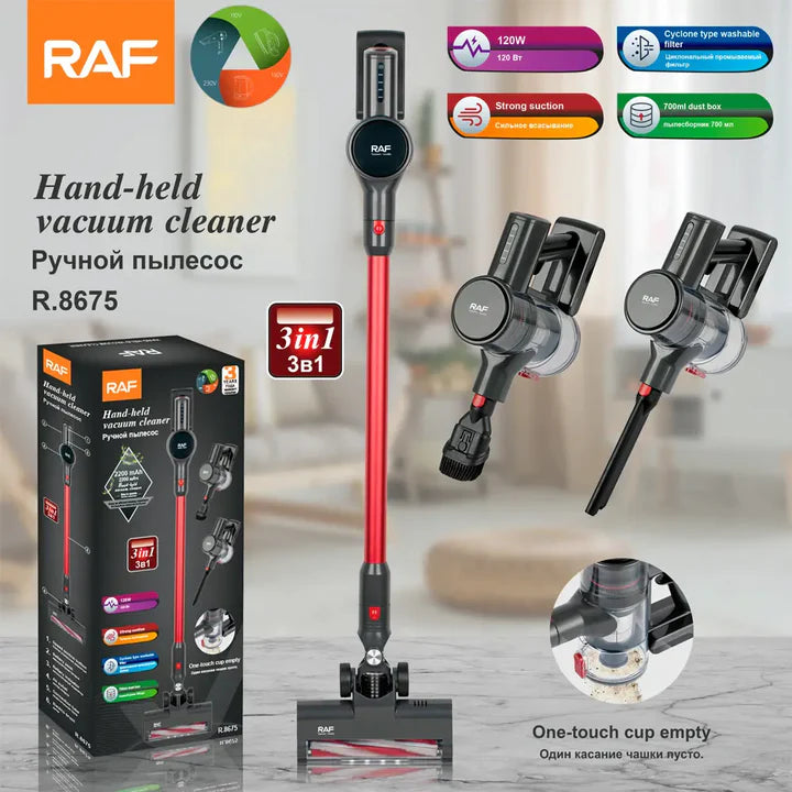 Aspirator Vertical de Mână RAF R.8675 - 120W, WIRELESS, cu Acumulator, 2200 mAh, 4 Accesorii, Filtru HEPA